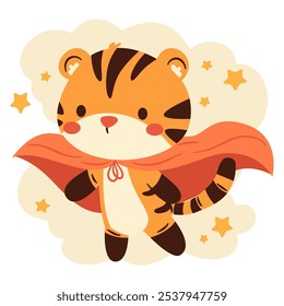 Flat vector illustration in children's style. Cute tiger cub in superhero costume flying in the sky, clouds and stars 