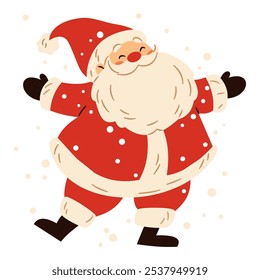 Flat vector illustration in children's style. Happy Cute Santa Claus dancing under the snow coming down