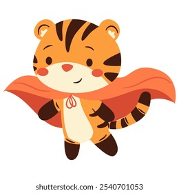 Flat vector illustration in children's style. Cute tiger cub in superhero costume flying in the sky