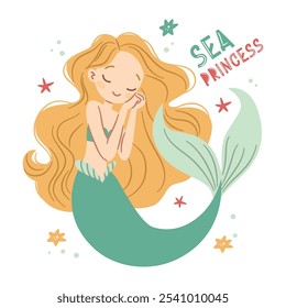 Flat vector illustration in children's style. Cute mermaid with long hair on white background, lettering, starfish