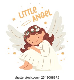 Flat vector illustration in children's style. Cute little angel praying. Children's illustration on white background, lettering little angel