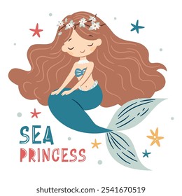 Flat vector illustration in children's style. Cute mermaid with long hair on white background, lettering, starfish