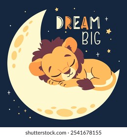 Flat vector illustration in children's style on dark background. Cute lion cub sleeping on the moon, night and stars, lettering