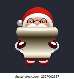 Flat vector illustration in children's style. Cute Santa Claus holds a letter. Holiday illustration on a gray background.