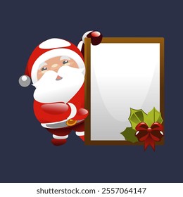 Flat vector illustration in children's style. Cute Santa Claus holds a chalkboard with ribbon. Holiday illustration on a gray background