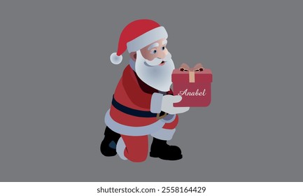 Flat vector illustration in children's style. Cute Santa Claus holding a sack with gifts. Holiday illustration on white background
