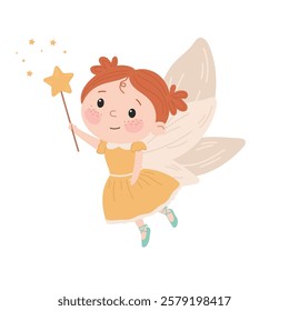 Flat vector illustration in children's style. Cute fairy princess with magic wand on white background 