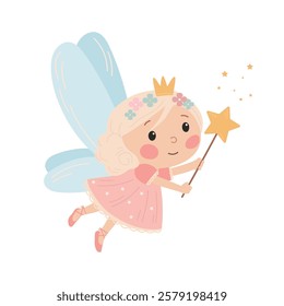 Flat vector illustration in children's style. Cute fairy princess with magic wand on white background 