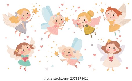 Flat vector illustration in children's style. Cute fairy princess with magic wand on white background 