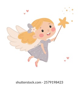 Flat vector illustration in children's style. Cute fairy princess with magic wand on white background 