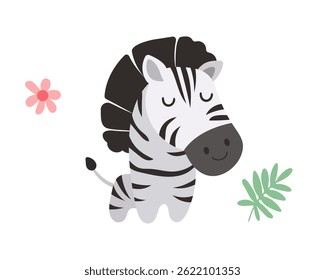 Flat vector illustration in children's style. Cute zebra on white background 