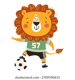 Ilustración vectorial plana en estilo infantil. León lindo en uniforme de fútbol jugando al fútbol