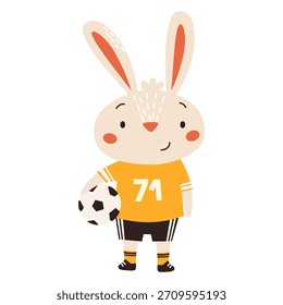 Ilustración vectorial plana en estilo infantil. Conejito lindo en uniforme de fútbol jugando al fútbol