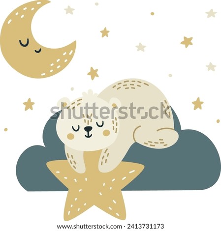 Flat vector illustration in children's style. Cute polar white bear sleeping on a cloud. Holds a star in his paws. Night sky and moon 
