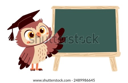 Flat vector illustration in children's style. Cute owl with glasses is pointing at a school blackboard. Place for your text 