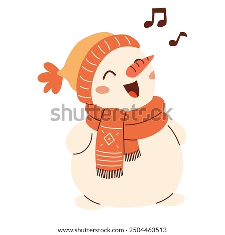 Flat vector illustration in children's style on New Year's theme. Cute snowman in a hat and mittens singing songs