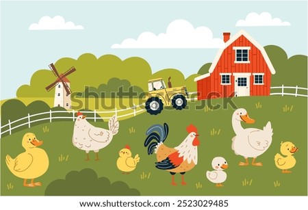 Flat vector illustration in children's style. Field and farm landscape, domestic birds, hen rooster duck goose goose chicken duckling goose duckling goose chick