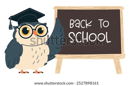 Flat vector illustration in children's style. Cute owl with glasses is pointing at a school blackboard, lettering back to school