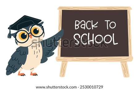 Flat vector illustration in children's style. Cute owl with glasses is pointing at a school blackboard, lettering back to school