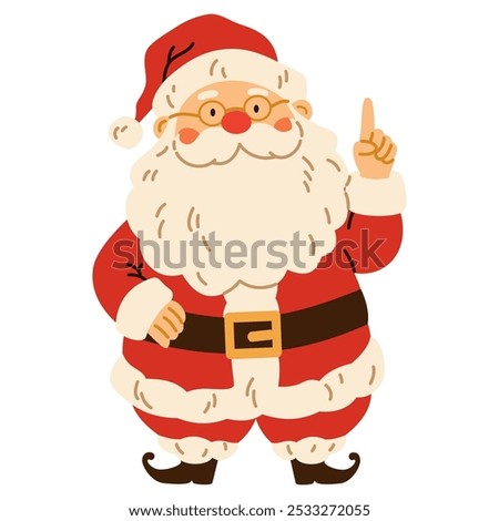 Flat vector illustration in children's style. Cute santa claus pointing with his hand. Christmas illustration on white background. 