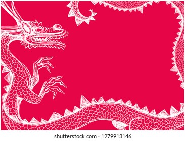 Flat vector illustration of chinese dragons on red background for chinese new year cards, greetings, party invitations, prints, banners, flyers, posters, events, seasonal design and decoration, web.