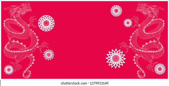 Flat vector illustration of chinese dragons on red background for chinese new year cards, greetings, party invitations, banners, flyers, prints, posters, events, seasonal design and decoration, web.