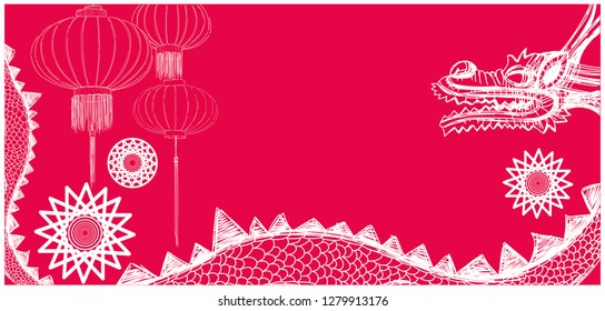 Flat vector illustration of chinese dragons on red background for chinese new year cards, greetings, seasonal design and decoration, prints, banners, flyers, posters, events, party invitations, web.
