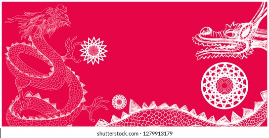 Flat vector illustration of chinese dragons on red background for chinese new year cards, greetings, posters, prints, banners, events, party invitations, flyers, seasonal design and decoration, web.