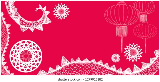 Flat vector illustration of chinese dragons on red background for chinese new year cards, seasonal design and decoration, greetings, prints, banners, flyers, posters, events, party invitations, web.