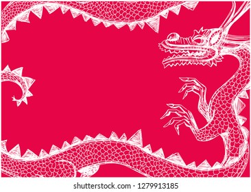 Flat vector illustration of chinese dragons on red background for chinese new year cards, events, greetings, party invitations, prints, banners, flyers, posters, seasonal design and decoration, web.