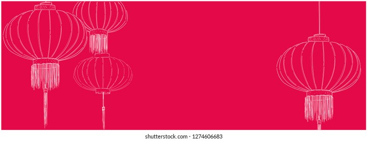 Flat vector illustration of chinese lanterns on red background for chinese new year cards, events, greetings, seasonal design and decoration, wedding invitations, banners, prints, flyers, posters, web