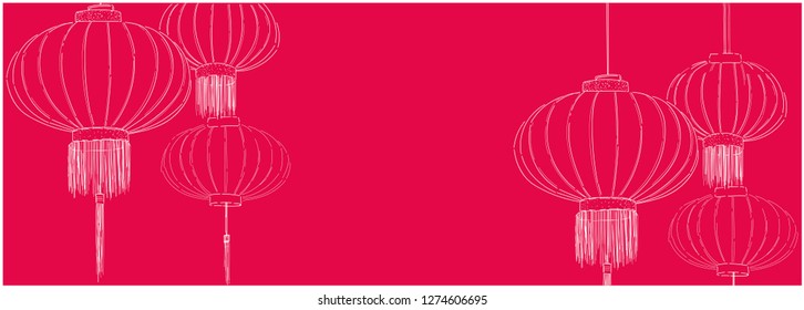 Flat vector illustration of chinese lanterns on red background for chinese new year cards, events, greetings, seasonal design and decoration, wedding invitations, posters, prints, banners, flyers, web