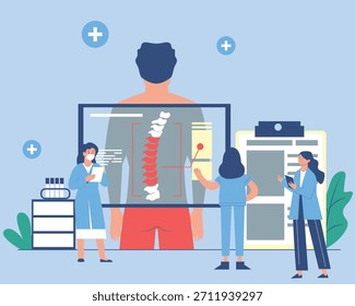 Ilustración vectorial plana de quiroprácticos que analizan la columna vertebral humana utilizando pantalla médica digital. Concepto de atención quiropráctica, ortopedia, corrección de postura y diagnóstico moderno de atención médica.