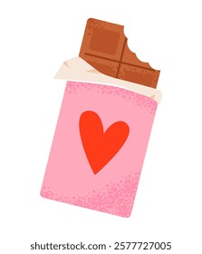 Flat vector illustration of a chocolate bar wrapped as a Valentine’s gift.