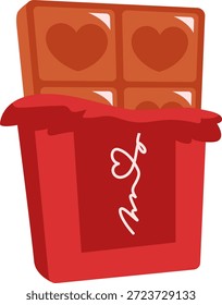 Flache Vektorgrafik eines Schokoriegel als Valentinstag-Geschenk mit Herzdetails verpackt, geeignet für romantische Feiern, Grußkarten, Verpackungen und Liebesmotive.