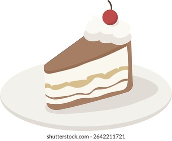 Flat vector illustration of a chocolate cake slice topped with cherry on a plate.