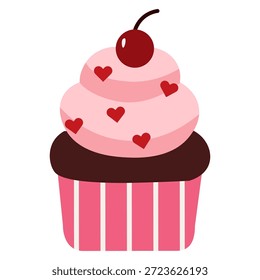 Ilustración vectorial plana de un cupcake de chocolate con glaseado rosa, corazones rojos y una cereza en la parte superior, ideal para el día de San Valentín, menús de panadería y diseños de celebración dulces aislados en blanco.