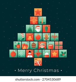 Ilustração de vetor plano de um calendário de advento de Natal organizado na forma de uma árvore. Caixas coloridas numeradas com ícones festivos, como presentes, ornamentos, azevinho, boneco de neve, gengibre