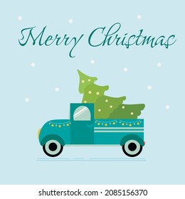 Ilustración vectorial plana con coche de navidad y árbol de navidad. Tarjeta de saludo o afiche. Feliz Navidad.