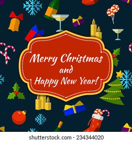 Flat Vector Illustration of Christmas Element Frame for Design, Website, Background, Banner. Santa, snowflake, Pix, Gift, Candy, Snowman, candles, champagne Template.
