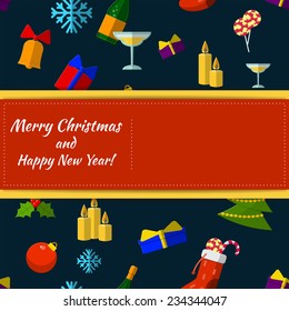 Flat Vector Illustration of Christmas Element Frame for Design, Website, Background, Banner. Santa, snowflake, Pix, Gift, Candy, Snowman, candles, champagne Template.