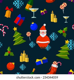 Flat Vector Illustration of Christmas Element for Design, Website, Background, Banner. Santa, snowflake, Pix, Gift, Candy, Snowman, candles, champagne Seamless Pattern Template.