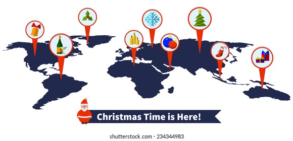 Flat Vector Illustration of Christmas Element Concept for Design, Website, Background, Banner. Santa, snowflake, Pix, Gift, Candy, Snowman, candles, hampagne Template. New year on the Earth MAp