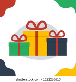 Flat Vector Illustration of Christmas Gift Boxes. Merry Christmas and New Year Greeting Card. Winter Holiday Icons