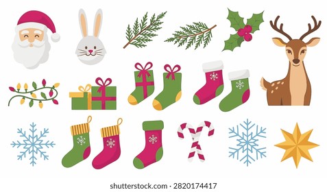 Flat vector illustration of Christmas holiday icons including Santa Claus, reindeer, rabbit, evergreen branches, holly berries, stockings, gift boxes, snowflakes, and candy canes.