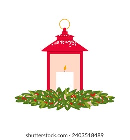 Ilustración vectorial plana de una linterna de metal de Navidad con velas. Lámpara decorativa festiva con una composición de ramas de abetos. Diseño aislado en un fondo blanco.