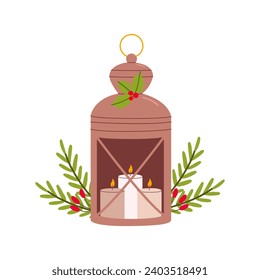 Flat vector illustration of a Christmas metal lantern with candles. Festive decorative lamp with winter berries and holly. Isolated design on a white background.