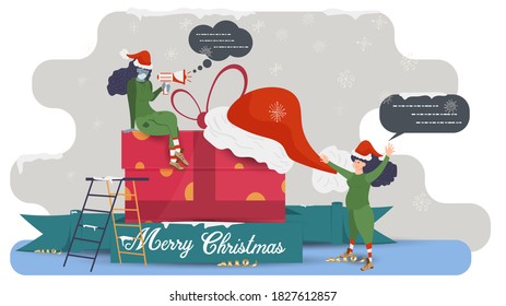 flat vector illustration, for Christmas and new year design, little people in elf helper costumes, happy about a big gift