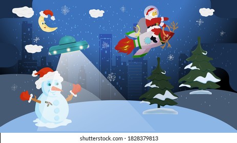 flat vector illustration for Christmas and new year design, Santa Claus flying with gifts on a rocket, over the night city