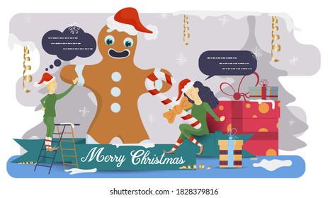 flat vector illustration for Christmas and new year design, little people in costumes of the assistants of the elves, decorate gingerbread man